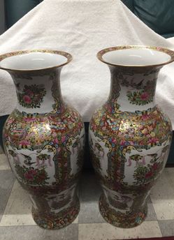 Pair of Vintage 25” Hand painted Oriental Porcelain Vases