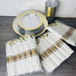 175PCS Clear Gold Plastic Dinnerware Set, Disposable Party Plates for 25 Guests