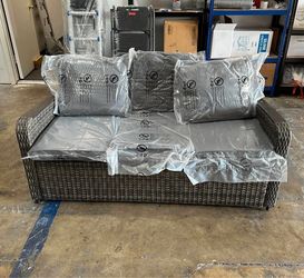 Outdoor Patio Couch - All Weather Rattan Wicker Patio Sofa 3 Seater Outdoor Couch, Brown Grey