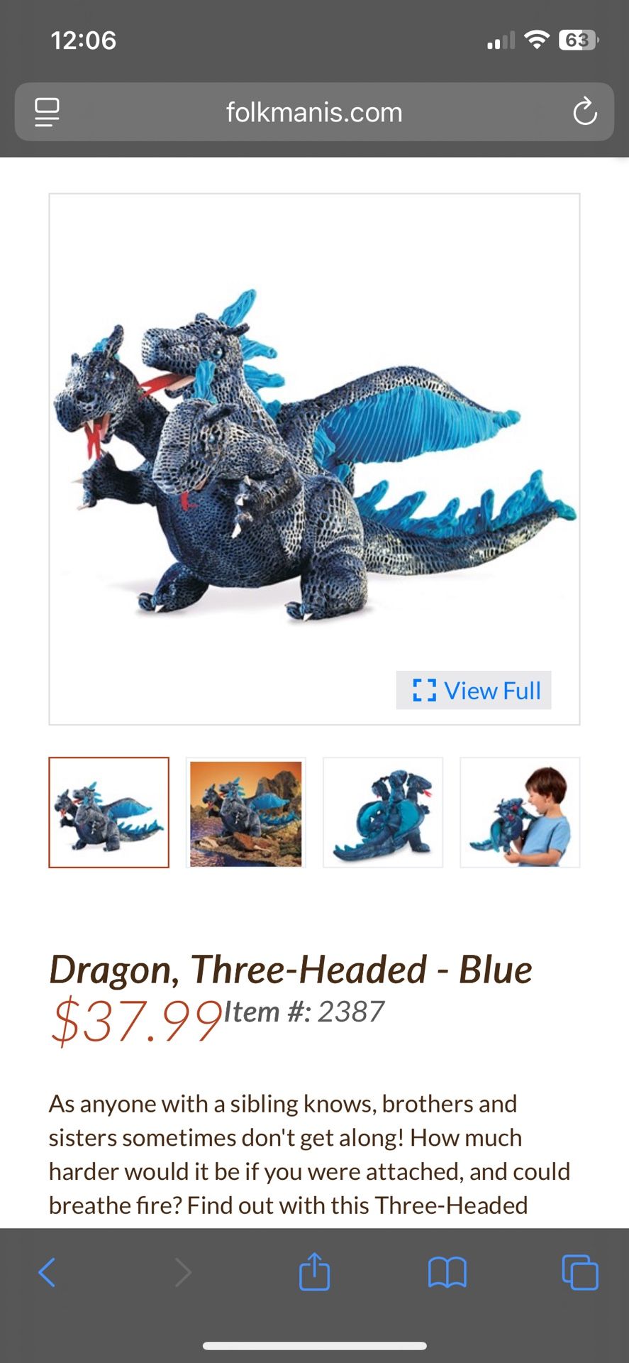 Folkmanis 3 Headed Blue Dragon Hand Puppet