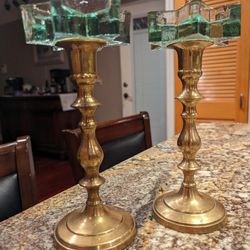 Brass Candlesticks With Green Glass Candle Holder
