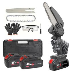 6-inch handheld chainsaw with high-quality splash protection and safety lock, 2 batteries and tool