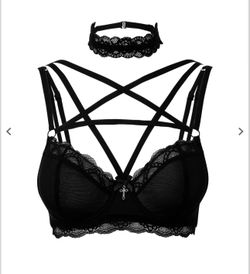 Killstar She Bites Black Lace Mesh Pentagram Bralette Bra Size M