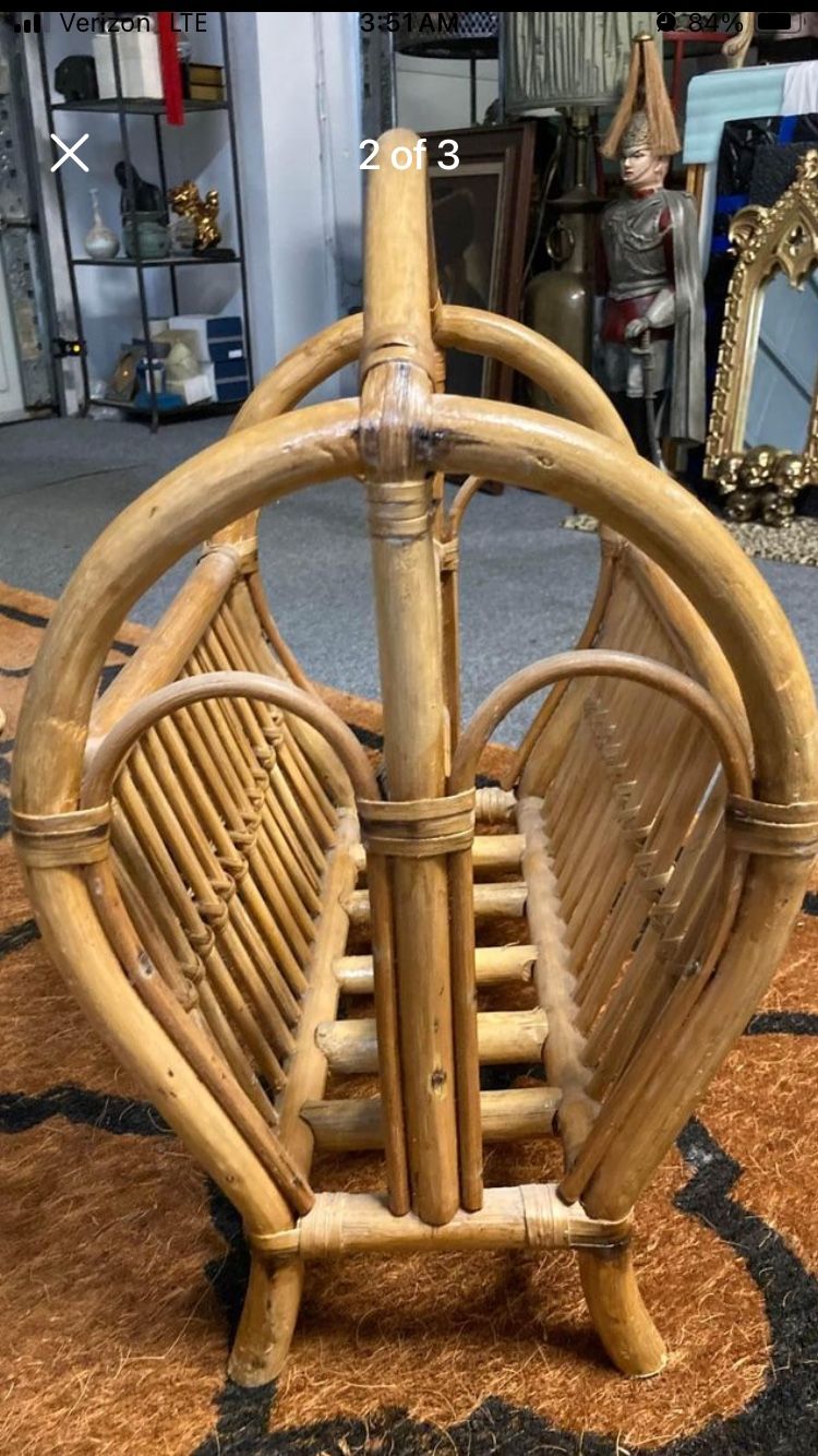 RATTAN WICKER BAMBOO magazine newspaper rack holder: 16.5” long. 20” tall. 12” deep.  Antique shabby chic Palm Beach Coastal Hawaii look. Now just $30