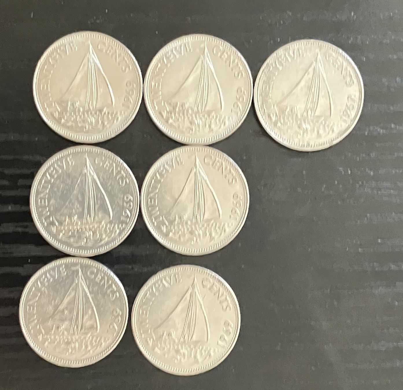 1966 Lot of 7 Bahama Islands/25 cents/Queen Elizabeth II Bahamian Sloop