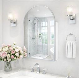 24x36 Inch Arch Bathroom Mirror Medicine,Cabinet,Brushed Silver Wall Mounted Bathroom Mirror with Storage,Adjustable Glass Shelves,Surface Mount Only,