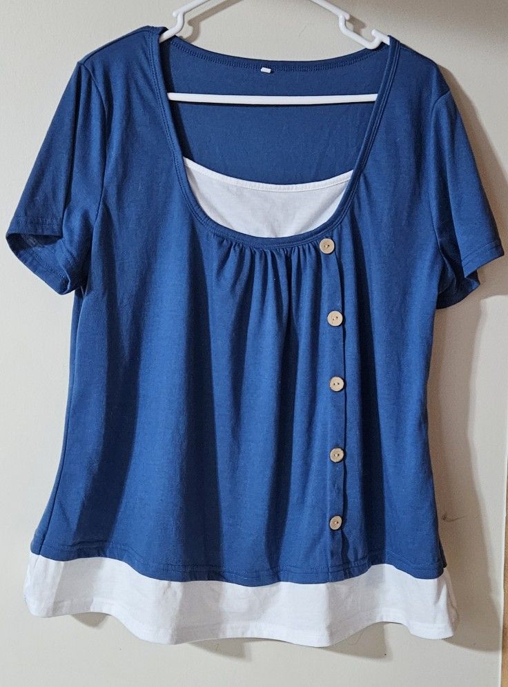 XXL ( 1X )Woman's blue faux buttoned scoop neck stretch Layered look top