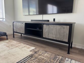 Modern Industrial TV Stand / Media Console – Gray Wood & Black Metal