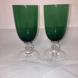 Vintage Emerald Green & Clear Stemmed Cordial Glasses Pair