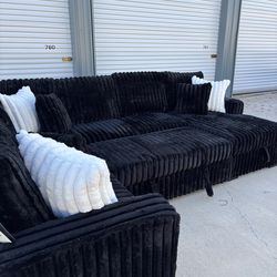 Black Fluffy Sectional Couch With Pop up Bed & Storage Delivery Available 🚚