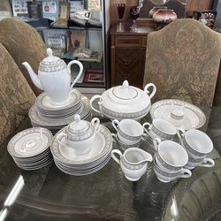 SALE 48-Piece Mega Set German Fine Porcelain China | White & Gray Dinnerware