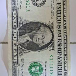 $1 Bill w/Fancy Serial #-Near Solid/7 Of A Kind + Binary + Book Ends + Birthday Note!!