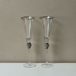 Champagne Glasses Trimmed in Silver - 11” Tall