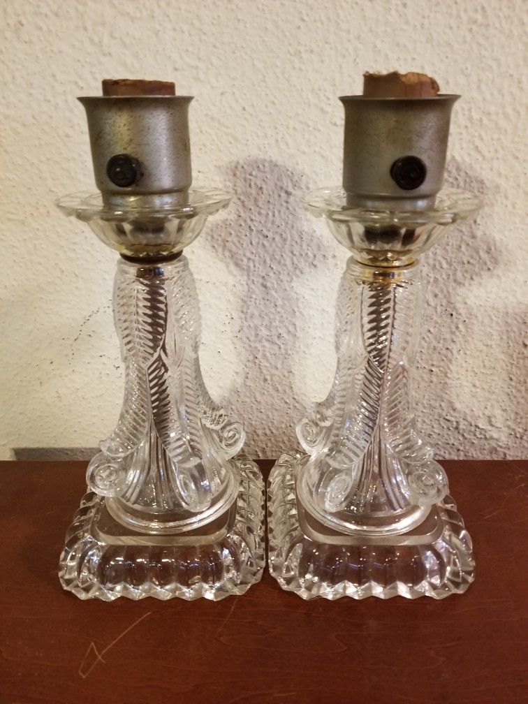 Vintage Antique Glass Waterfall Design Ornate Table Lamp Light Set/Pair