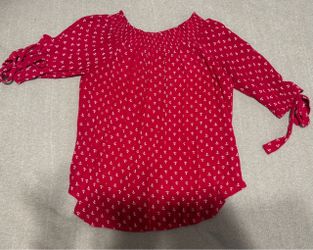 Red Anchor Print Tie-Sleeve Blouse