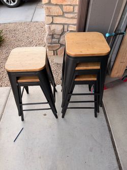 Set of 4 Black Metal Bar Stools with Wood Seats