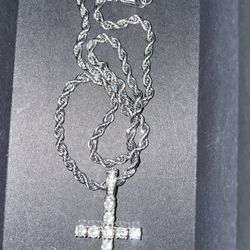 Diamond Cross Cz Pendant w/ Rope Chain