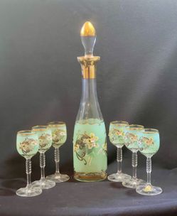 Hand blown & decorated crystal Wine bottle & 6 glasses