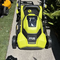 Ryobi 40 V Self Propel Mower Like New Condition And Ryobi 18 V Blower Hedge, Trimmer And Weedeater