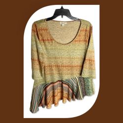 One World Multicolored Geometric Designs Top w Lg Ruffle Border Bottom Wm L
