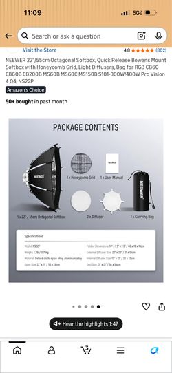 4.8 4.8 out of 5 stars (802) NEEWER 22"/55cm Octagonal Softbox, Quick Release Bowens Mount Softbox with Honeycomb Grid, Light Diffusers, Bag for RGB C