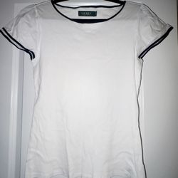 Lauren Ralph Lauren White Tee with Navy Blue Accents Size Large