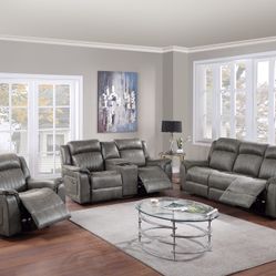 Gray Sofa Set With Recliner - Breathable Leatherette 