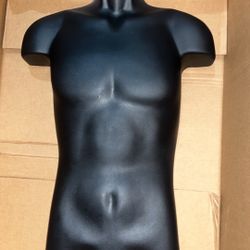 New! Male Molded Shatterproof Black Shapely Torso Form With Hook - Fits Men's Sizes S-L - Hanging Mannequin