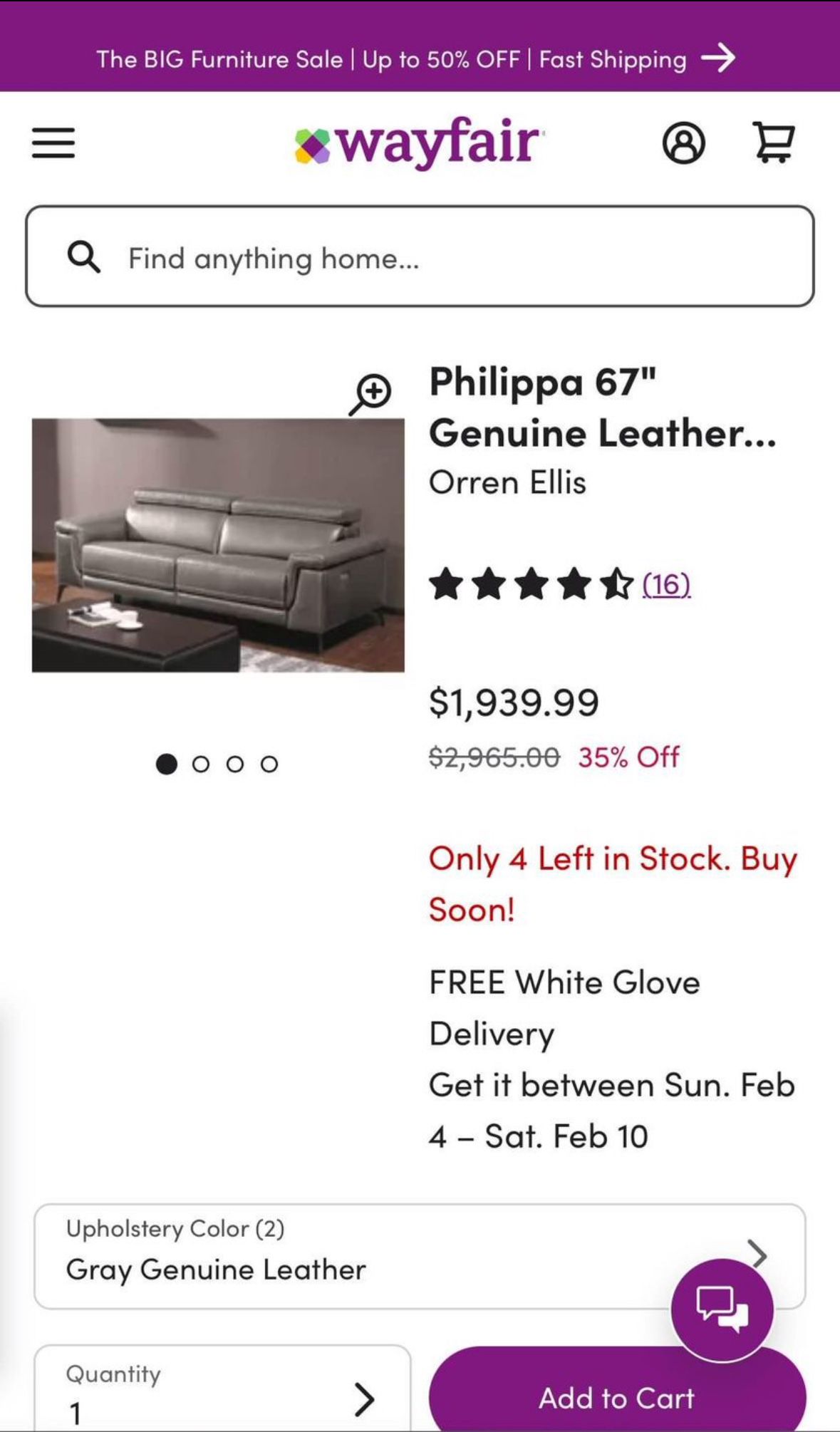 Philippa 67" Genuine Leather Pillow Top Arm Reclining Loveseat