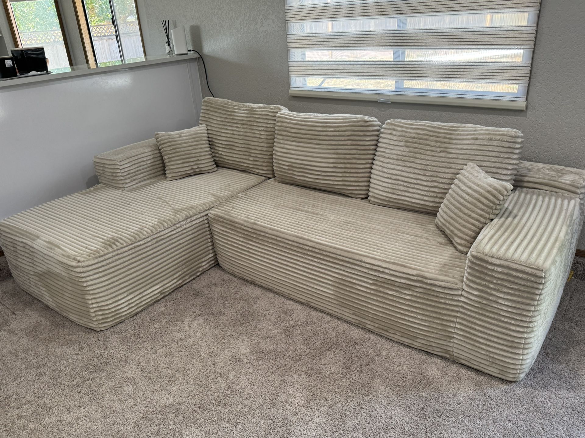 Upholstered Sectional Couch with L-Shape Chaise with Deep Seat, Beige color (Plush Corduroy Fabric)