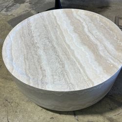 Ball & Cast 31.49" Round Coffee Table,Faux Travertine Textured Accent CoffeeTable for Living Room,Modern Minimalist Low Circle Center Table Side Table