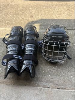 Bauer large full cage helmet and mylec deck hockey shin gaurds