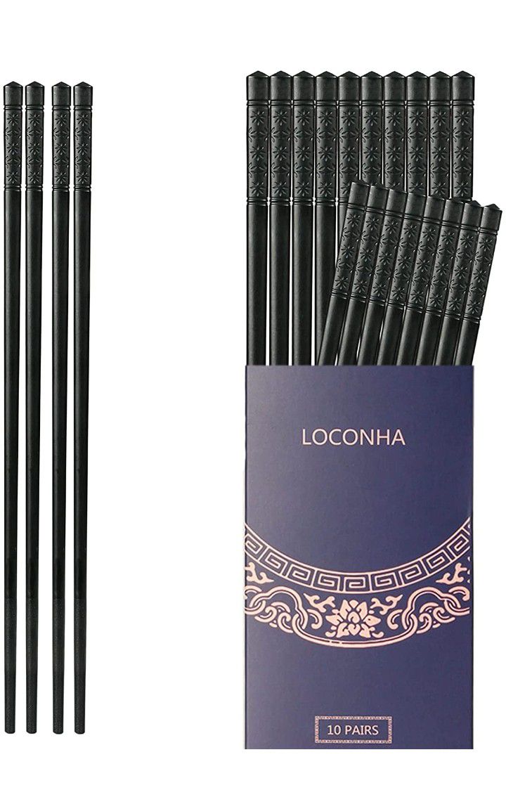LOCONHA 10 Pairs Fiberglass Chopsticks, 9.5 Inch Reusable Chinese Chop Sticks Dishwasher Safe (Black Cherry)