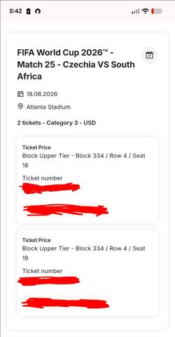 FIFA World Cup tickets. Two tickets. 6/18/26. Atlanta. $180 each OBO.
