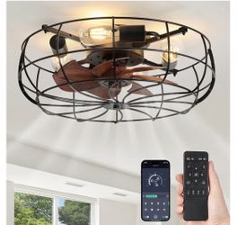 LEDIARY 20" Caged Farmhouse Ceiling Fans with Lights and Remote/App, Black Flush Mount Bladeless Low Profile, Fandalier Small Rustic, Industrial Enclo