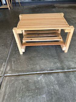 Handmade Wood Slat Bench with Lower Shelf