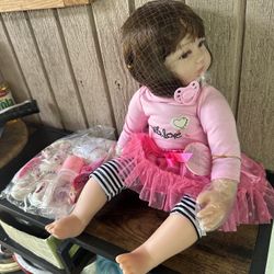 Reborn Toddler Dolls Girl Lifelike 24 inches Silicone Baby Doll with Long Brown Hair Open Eyes Look Real
