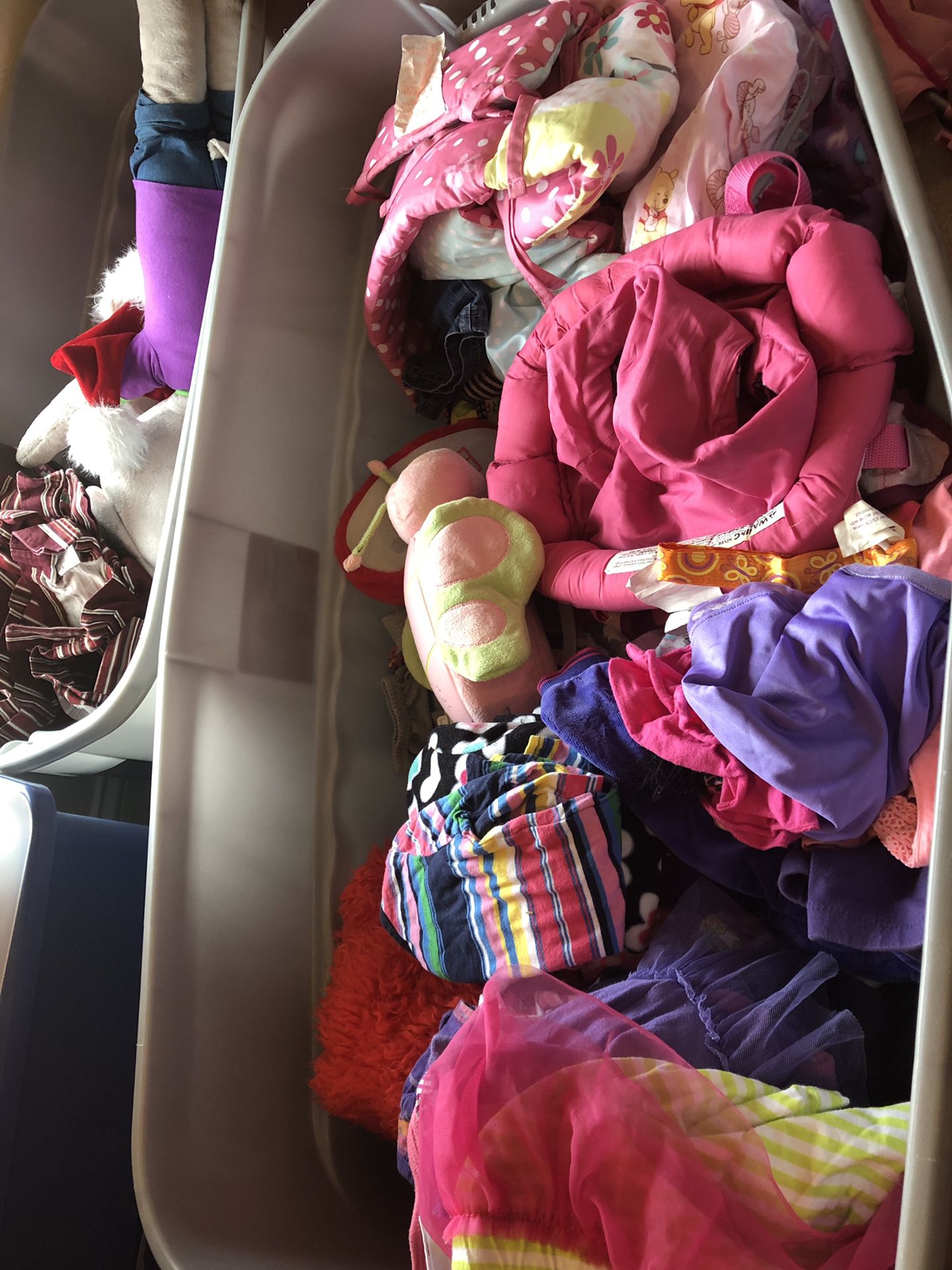 Bin of 12-2t girls clothes. Shoes With toys doorway bouncer