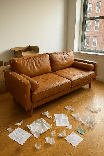 Mid-Century Cognac Faux Leather Sofa – $270