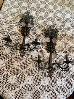 Vintage large Italian brass fig tree motif wall sconces