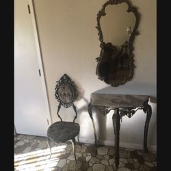 Carved Mirror, Iron Parlor Chair, Iron Carved  3 Legged  Marble Top Entry Table,