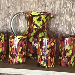 New Artisan Hand Blown Glass Pitcher & 6 Drink Glasses