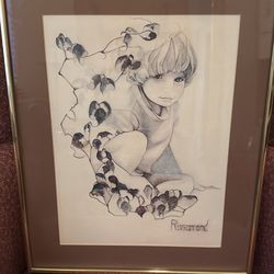 Vtg garden child by ROSAMOND litho matted