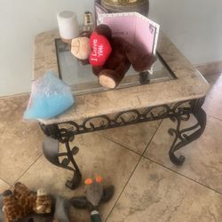 Two iron and marble end tables