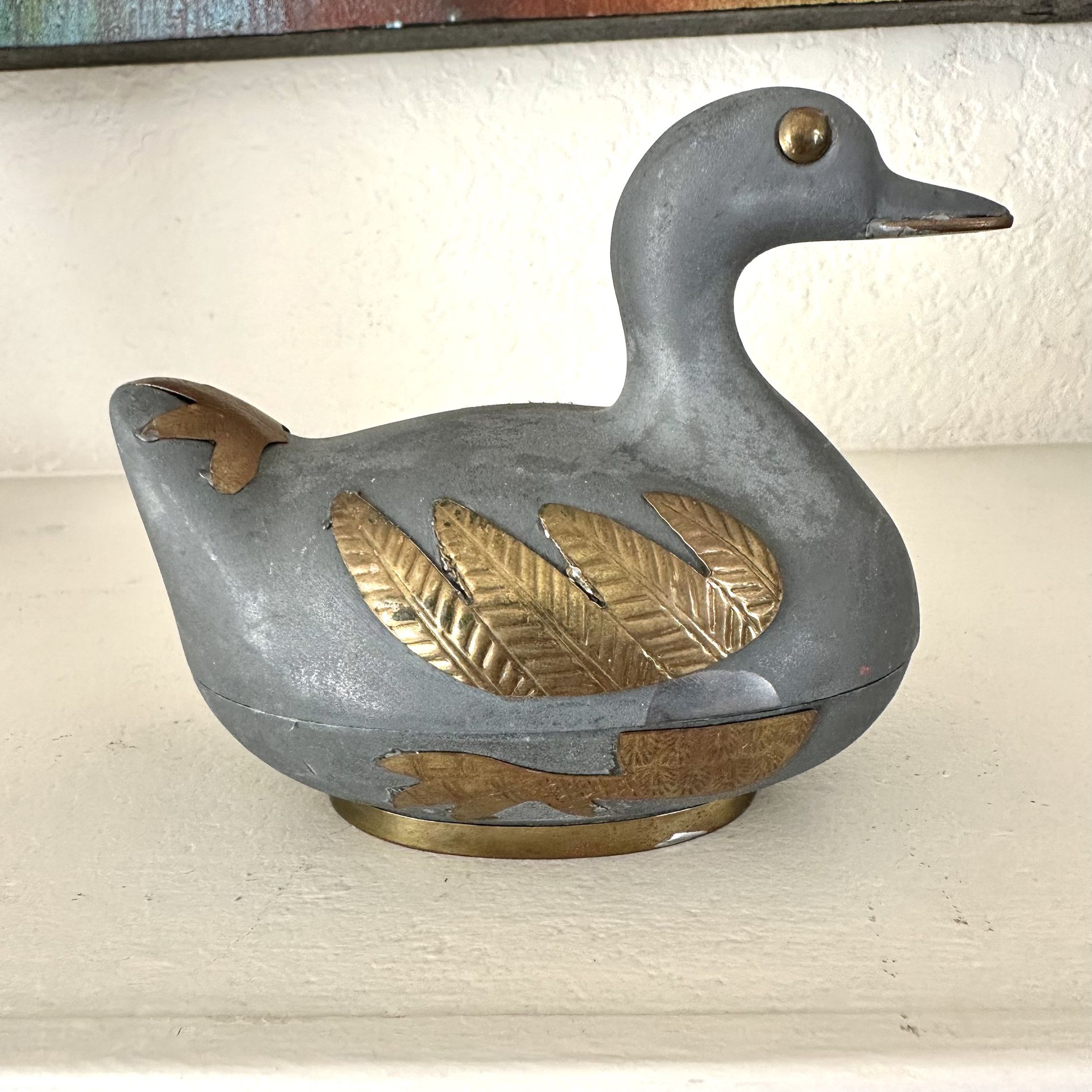 Vintage Pewter Brass Duck Trinket Box 