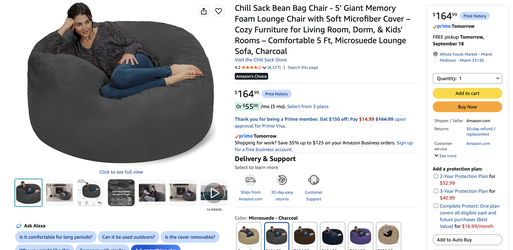 Chill Sack Bean Bag Chair: Giant 5' Memory Foam Bean Bag - Black