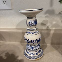 Blue And White Candle Holder 10” Tall