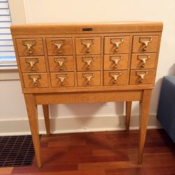 Vintage Gaylord Bros. Oak Library Card Catalog – 15 Drawers – Original Brass Hardware – Mid-Century