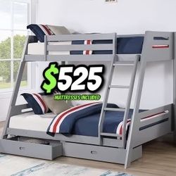 Twin Full Grey Bunkbed With Ortho Mattress Included 