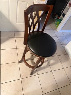 Wood Swivel Bar Stool with Black Leather Seat